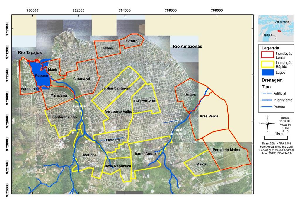 Figura 1. Mapa de localização da área de estudo indicando os bairros da sede urbana da cidade de Santarém. 3.