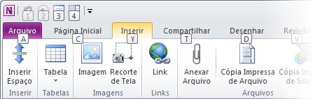 Introdução às dicas de tecla O OneNote 2010 fornece atalhos para a faixa de opções, chamados Dicas de Tecla, para que você possa executar rapidamente as tarefas sem usar o mouse.
