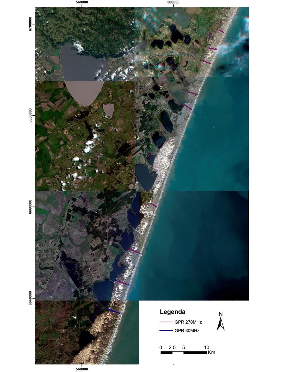 37 1 3 2 4 5 Rosa, 2012 6 7 8 9 Figura 10. Localização das seções de GPR. Em vermelho, o posicionamento das seções adquiridas com antena de 270 MHz, em azul aquelas adquiridas com antena de 80 MHz.