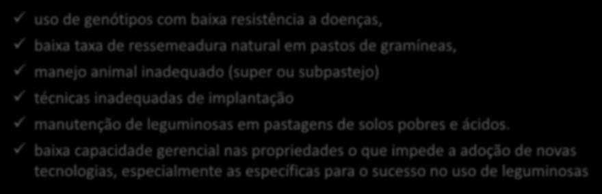 Histórias de insucesso com leguminosas forrageiras uso de genótipos com baixa resistência a doenças, baixa taxa de ressemeadura natural em pastos de gramíneas, manejo animal inadequado (super ou