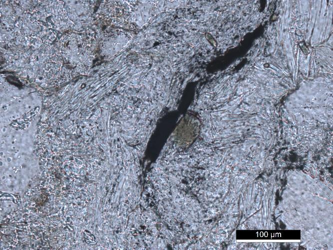 Como minerais acessórios é observável alguma turmalina dispersa (Fig. 4.92). Fig. 4.92 Microfotografia de um grão de turmalina em matriz sericítica N//.