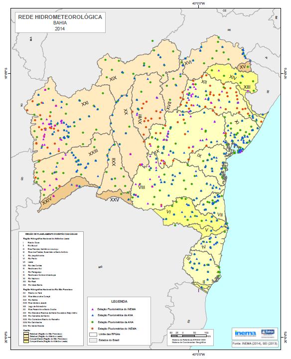 De acordo com o SNIRH, a ANA possui em operação 219 estações pluviométricas e 152 estações fluviométricas. Desta forma, a Bahia conta com o total de 340 pontos de pluviometria e 239 de fluviometria.