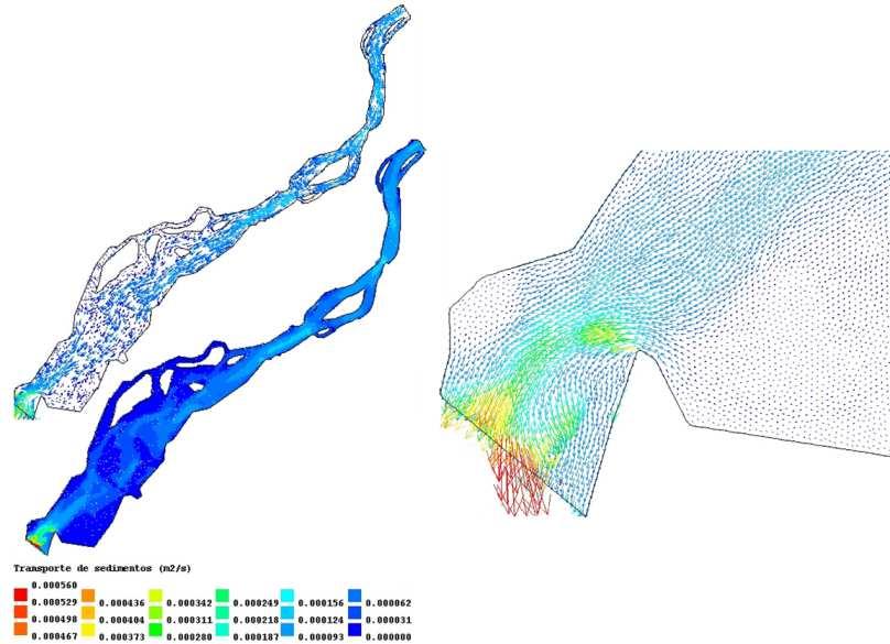 Simulação Preliminar Hidrodinâmica e Morfodinâmica do Estuário do Rio Minho Figura 19. Transporte de sedimentos na vazante (esquerda), pormenor (direita) (Janeiro de 2005, Q = 2500 m³/s). 5.