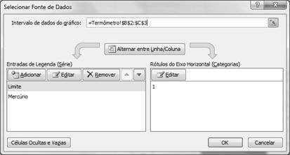 5. Clique novamente em Adicionar e preencha o Nome da Série com Mercúrio. Em Valores da Série, apague o que existir e clique sobre a célula C3. Pressione OK para fechar a janela. 6.