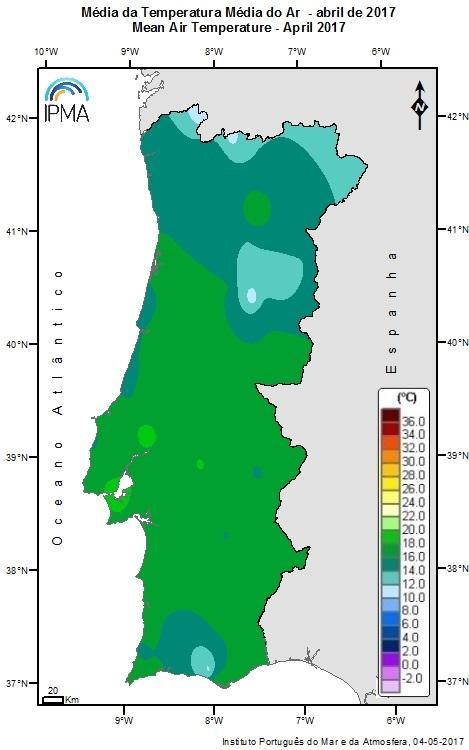 Figura 4 - Distribuição espacial dos valores médios da temperatura média do ar e anomalias da temperatura média, mínima e máxima do ar (em relação ao período 1971-2000), no mês de