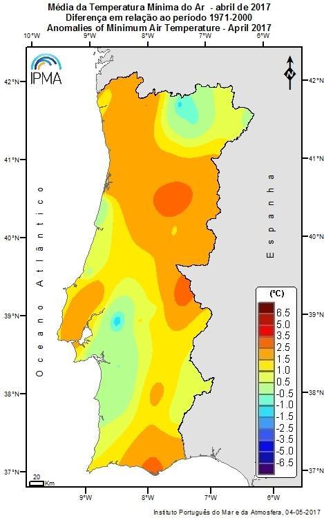 Ao longo do mês e em particular no período de 2 a 24 de abril, ocorreram valores muito altos da temperatura máxima, muito superiores aos valores normais para este mês, sendo de