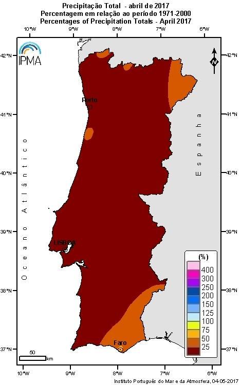 Na Figura 9 apresenta-se a distribuição espacial da precipitação total e respetiva percentagem em relação à média (1971-2000) no mês de abril.