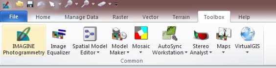 Erdas 2014 Iniciando o processamento Para acessar o módulo de processamento de imagens fotogramétricas basta clicar sobre o ícone Toolbox, localizado na barra