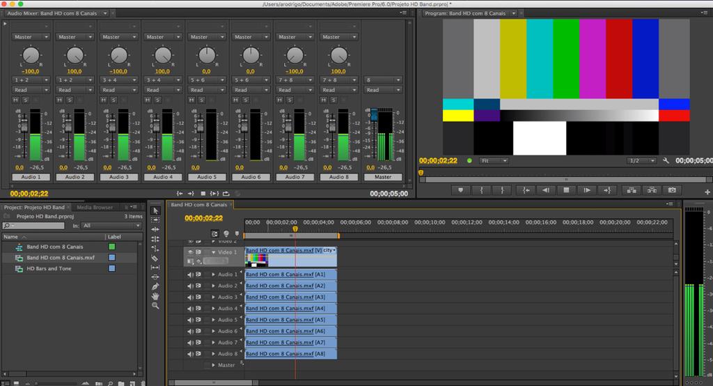 Testando o vídeo e visualizando a modulação dos canais 1, 2, 3, 4, 7 e 8, lembrando que os canais 5 e 6 estarão vazios. Figura 15 Visualizando a modulação dos canais 5.2. Teste no VLC ou Sony XDCam Demonstração de reprodução no VLC media player para análise do vídeo e dos canais de áudio.