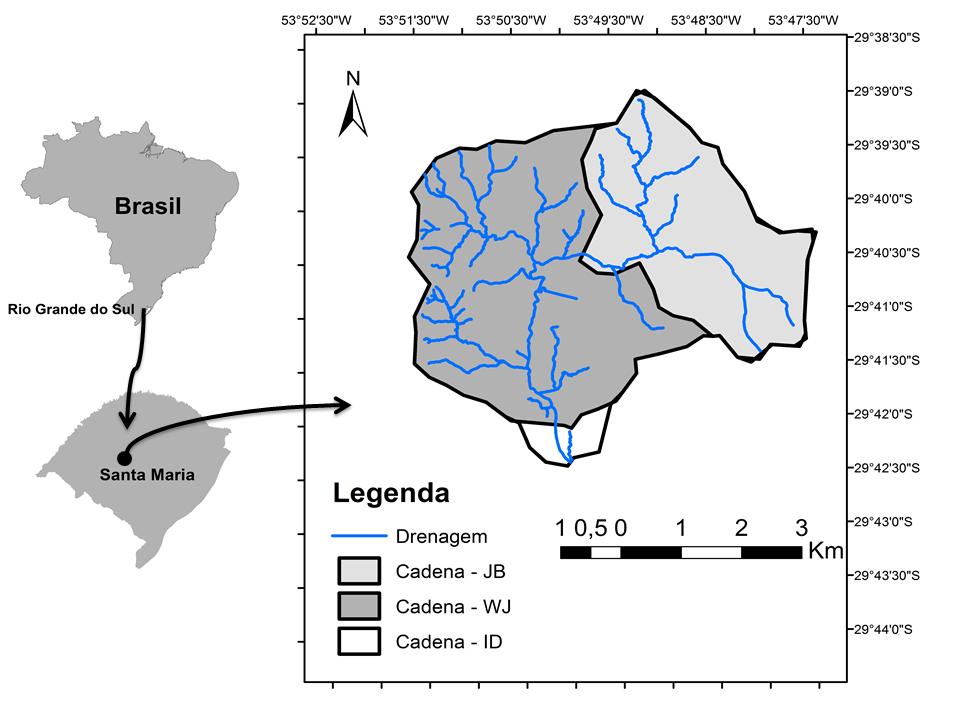 Figura 1 Localização da área de estudo. Bacia hidrográfica Tabela 1 Características físicas das bacias hidrográficas de estudo.