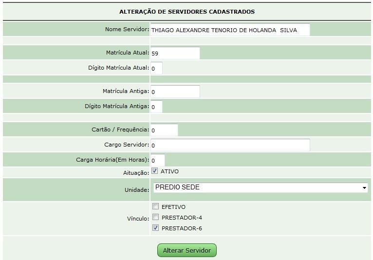 Caso a matrícula não identifique um servidor no sistema, o usuário será transferido para uma tela de cadastro de novos servidores.