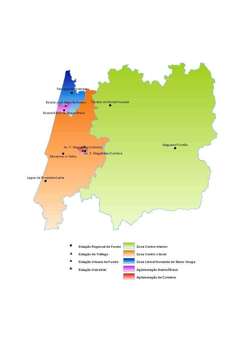 Relatório da Qualidade do Ar na Região Centro -2016 No Quadro seguinte, resumem-se as características gerais das Estações de cada Zona e Aglomeração Figura 1 - Delimitação das Zonas e Aglomerações da
