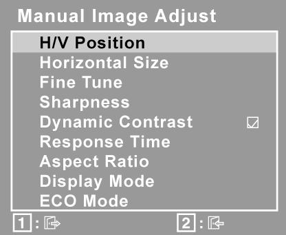 Controle Explicação Manual Image Adjust (Ajuste Manual de Imagem) exibe o menu Ajuste manual de imagem. H./V.