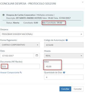 Diárias). Desta forma, o valor total informado pelo cartão terá que ser alterado de acordo com valor total de cada gasto e informar a data em que ocorreu.