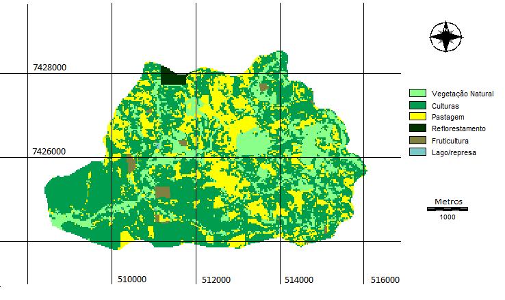 atividade agrícola. Para identificar e quantificar as áreas de conflito foi utilizada a álgebra de mapas, presentes no SIG IDRISI, onde foram cruzados o mapa de uso de solo com o mapa final das APPs.