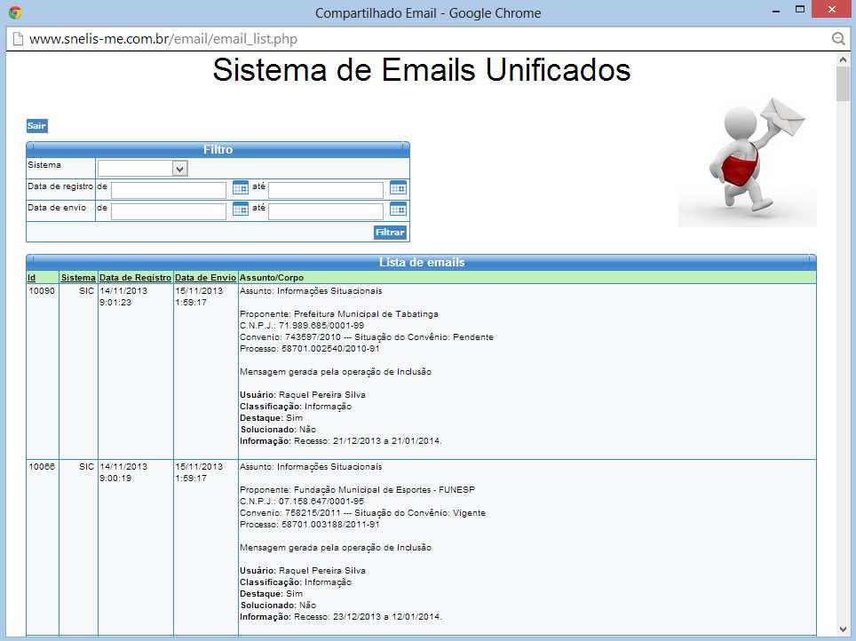 Emails unificados As informações dos emails são apresentadas de forma resumida,