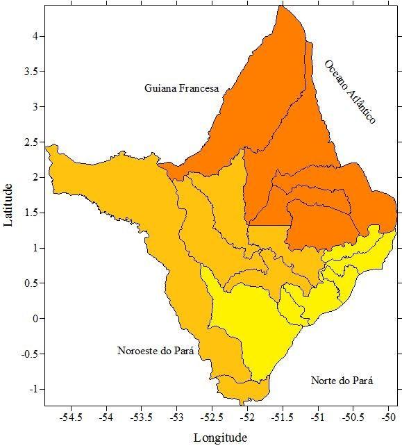 3 Figura 8. Regiões homogêneas em relação à variabilidade espacial da precipitação, obtidas a partir de uma análise de agrupamentos dos seus dois fatores comuns temporais para o Estado do Amapá.