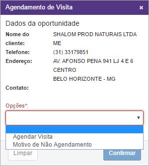 Utilizando o Ao selecionar a oportunidade Inicial 21, o agendador terá duas opções: