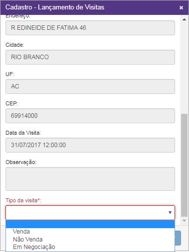 Figura: Lançamento de visita em agendamento como venda Ao selecionar Não Venda, o usuário terá uma lista de motivos disponíveis para