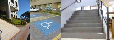 b) Estacionamento: possui duas vagas destinadas a pessoas com deficiência e outras mais para pessoas com mobilidade reduzida.