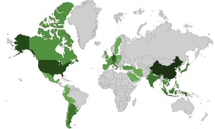 Figura 11 Localização geográfica dos principais países de origens das importações de Jaraguá do Sul, período de 2005 a 2013 Montante importado Maior Menor Os países evidenciados na figura são