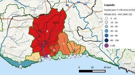 ANÁLISE HIDROLÓGICA Caudais de tempo de chuva (T=10 a 100 anos) Os caudais nas bacias de Albufeira são, na sua globalidade, inferiores a 50 mᶟ/s, com exceção da bacia B até