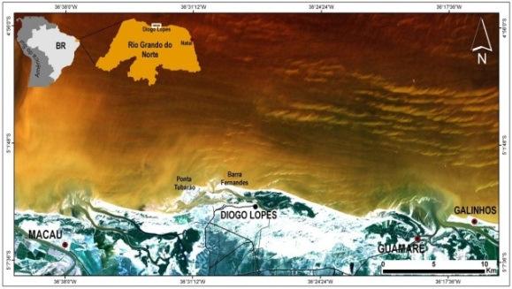 Figura 1 Localização da área de estudo no litoral setentrional do Estado do Rio Grande do Norte, Nordeste do Brasil, entre os municípios de Macau a Guamaré; em (A) as bases de exploração petrolífera