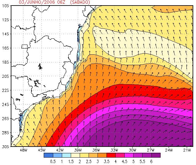 Figura 17 - Campo de ondas simulado pelo WW3, com a distribuição espacial das alturas significativas (m) e direção média de propagação ao longo dos dias em que se deu a passagem do ciclone.