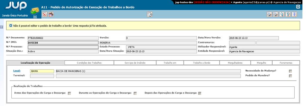 1. SSN Despacho HAZMAT Foi implementada uma nova validação nos despachos HAZMAT que só permite o envio da mensagem PortPlus para o SSN se a entidade que estiver a gravar o despacho for do tipo