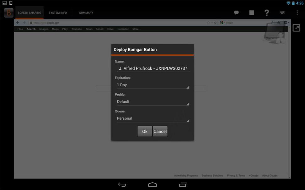 Adicione um Bomgar Button ao sistema remoto a partir da Consola de Apoio Técnico do Android Durante uma sessão, pode implementar