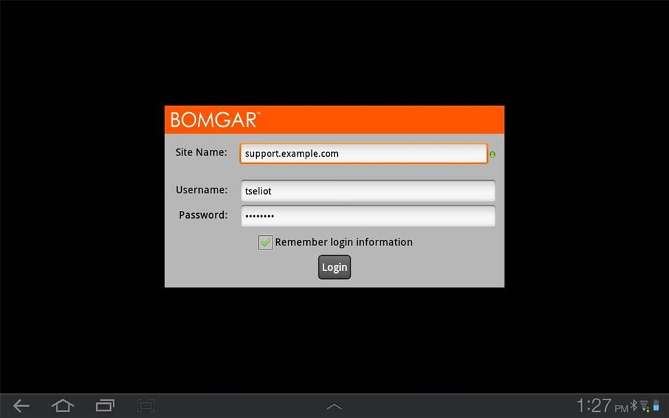 Iniciar sessão na Consola de Apoio Técnico para Android No ecrã de início de sessão, insira o nome de anfitrião do site Bomgar, por exemplo,