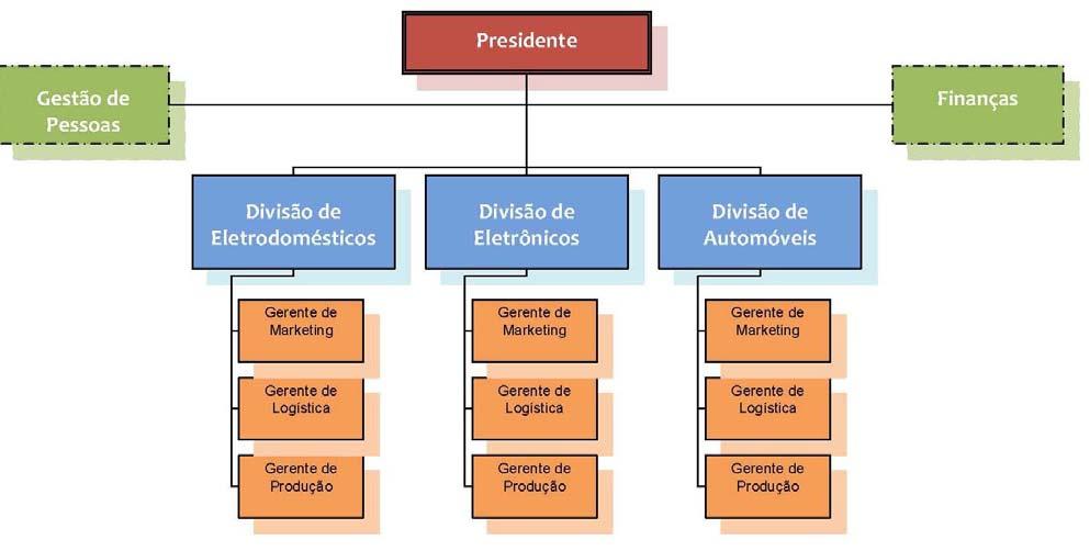 Um exemplo de estrutura divisional pode ser visto no gráfico abaixo: Figura 12 Estrutura divisional Portanto, cada administrador de