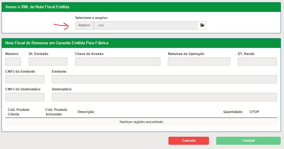 5. Na área de Anexe o XML da Nota Fiscal Emitida 6. Clique no ícone da pasta e selecione o arquivo XML correspondente 7.