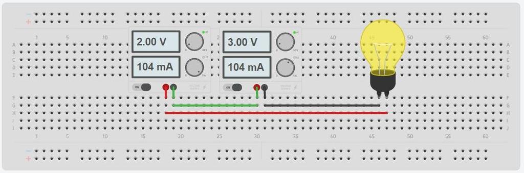EXPERIÊNCIA Nº 2 Procedimentos: 1. Colocaram-se duas fontes DC em série; 2. Ajustaram-se as duas fontes de tensão reguláveis uma para 2V e outra para 3V; 3.