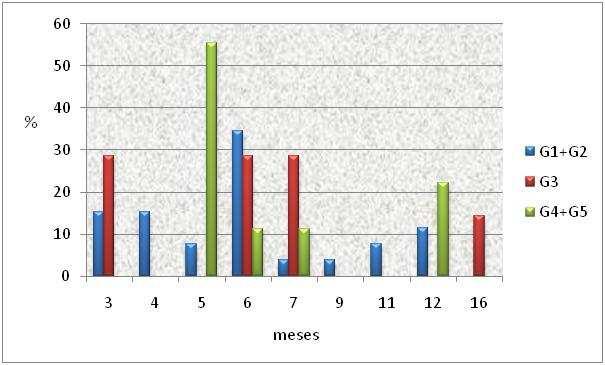 76 Resultados Gráfico 21 Distribuição (%) dos pacientes pelos escores agrupados do Índice de Goslon e idade na primeira cirurgia.