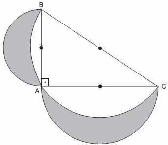 4. As semicircunferências abaixo têm centros nos pontos médios dos lados do triângulo retângulo ABC, cujos catetos AB e AC medem 4 cm e 7 cm, respectivamente.
