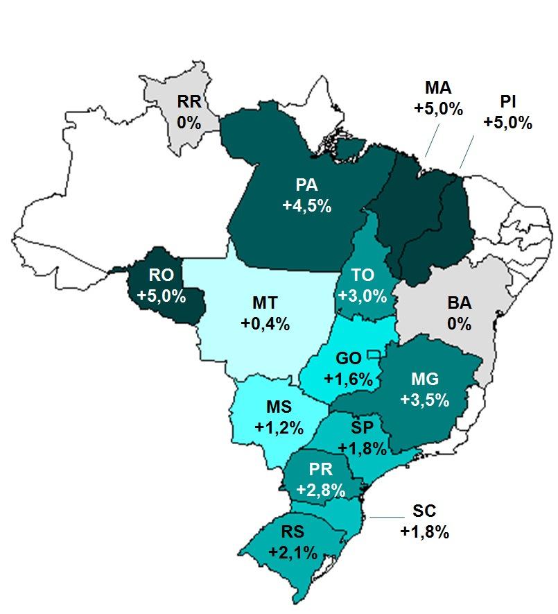 Brasil Variação anual na área plantada com soja na safra 2017/18 Norte/Nordeste