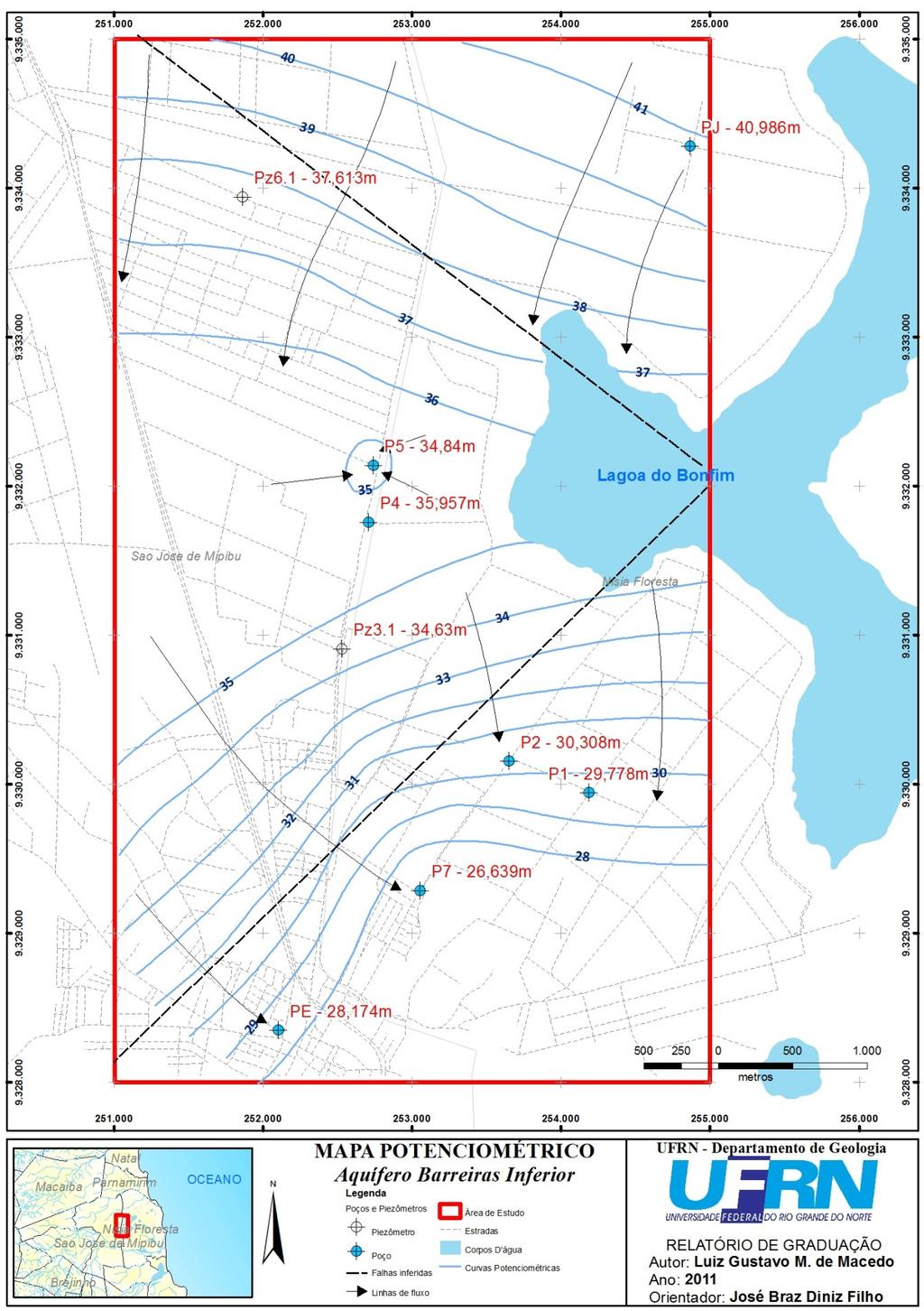 Figura 05: Mapa Potenciométrico do aquífero Barreiras inferior semi-confinado, na região a oeste da Lagoa do Bonfim/Nísia Floresta-RN. (MACEDO, 200).
