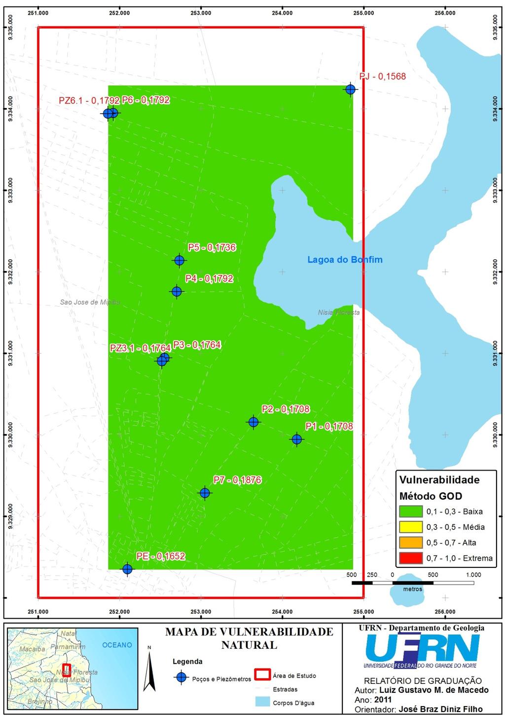 Figura 06: Mapa de vulnerabilidade natural à contaminação do aquífero Barreiras inferior semi-confinado, a oeste da Lagoa do Bonfim/Nísia Floresta-RN, segundo o Método de FOSTER & HIRATA (988).