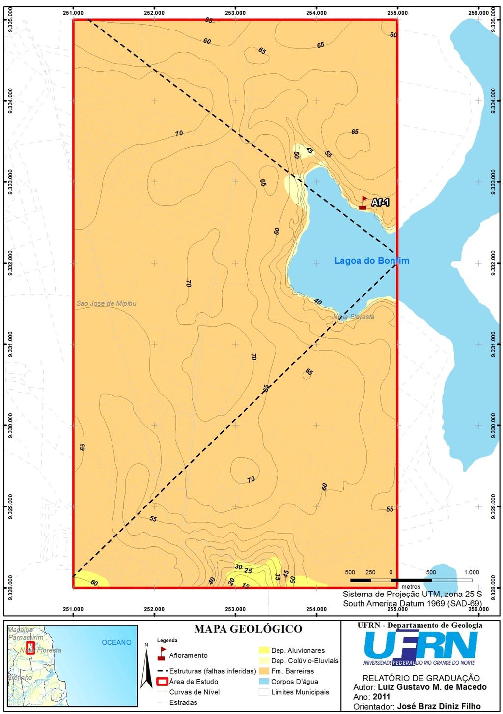 Figura 0: Mapa geológico da área estudada, a oeste da Lagoa do Bonfim/Nísia Floresta-RN. (MACEDO, 20).