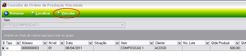 Em seguida a vinculação é feita selecionando a composição e clicando no botão, encontrado na tela da Figura 36. Clique no botão Vincular, Figura 37.