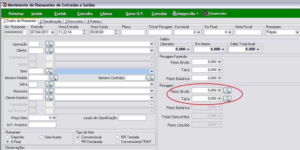 referente à tara, Figura 44. Figura 44 Cadastro do Romaneio. 6.