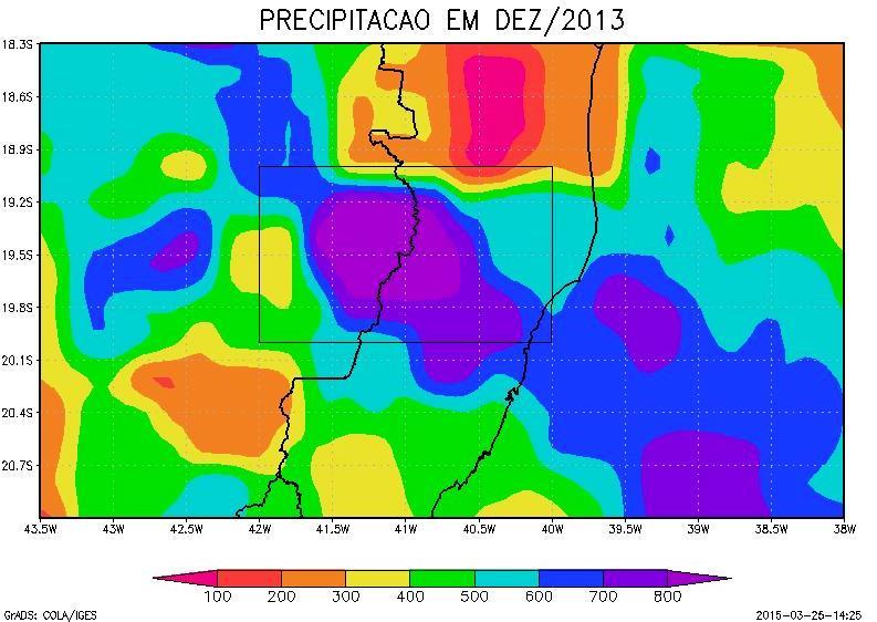 Figura 4 - Mapa da precipitação acumulada (mm) em dezembro de 2013, com a área de estudo está delimitado pelo retângulo no centro da imagem. Fonte: PrecMerge (INPE/CPTEC). 3.