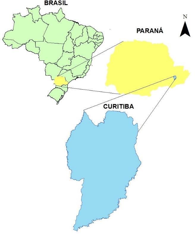 19 4 MATERIAL E MÉTODOS 4.1 ÁREA DE ESTUDO A área de estudo compreende o município de Curitiba, localizado na região sul do Brasil, sendo a capital do Estado do Paraná (FIGURA 1).