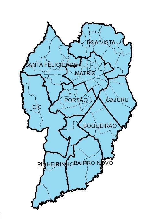 O município de Curitiba possui nove unidades administrativas ou regionais que englobam 75 bairros, sendo elas: Bairro Novo, Boa Vista, Boqueirão, Cajuru, Cidade Industrial de Curitiba (CIC), Matriz,