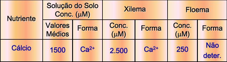 CONCENTRAÇÃO E FORMAS DE CÁLCIO NA SOLUÇÃO DO SOLO, XILEMA E FLOEMA DAS PLANTAS Se encontra em