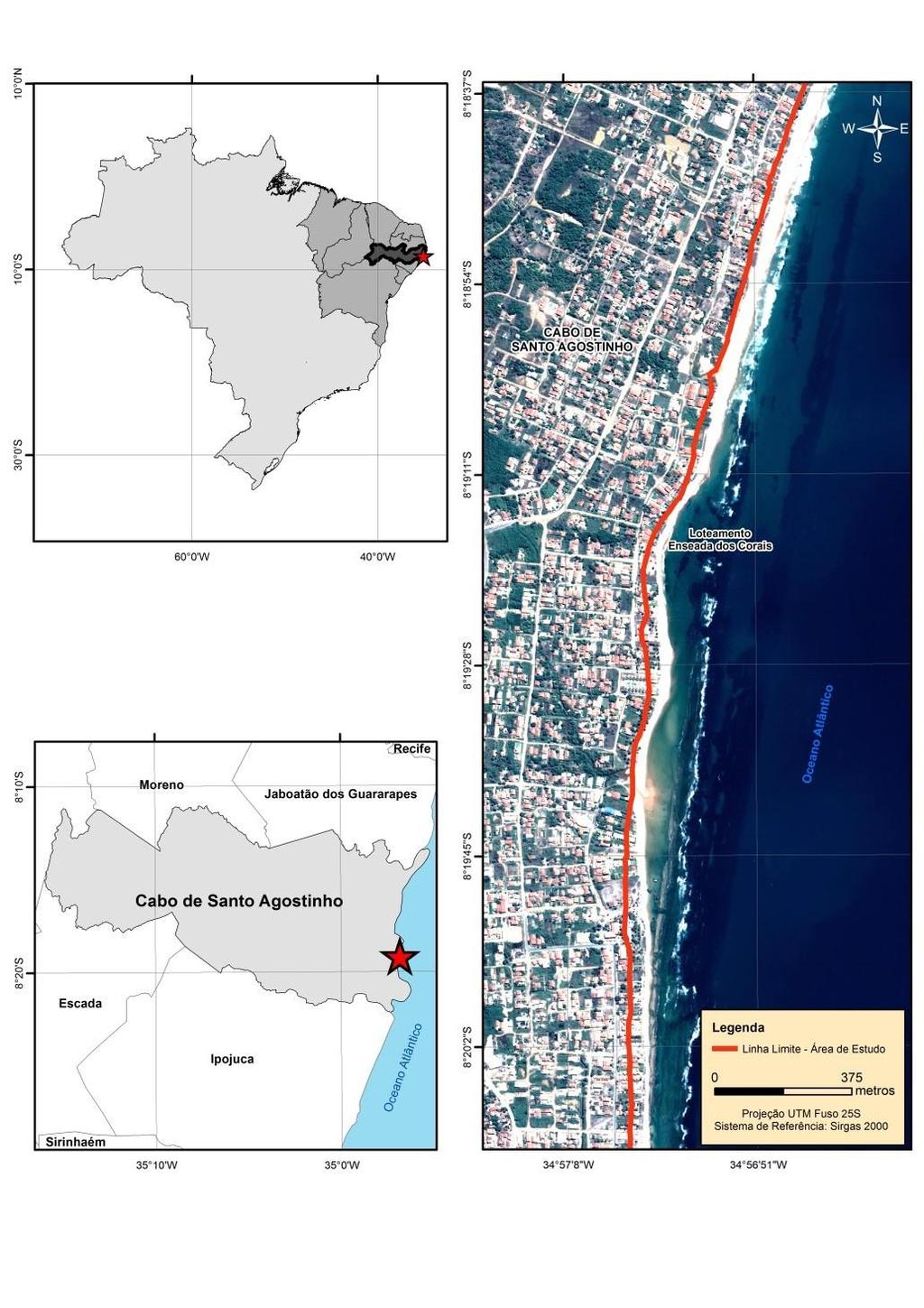B A Figura 1: Mapa de localização da área de estudo - a) Localização do Estado de Pernambuco. b) Localização do Município do Cabo de Santo Agostinho e Praia de Enseada do Corais.