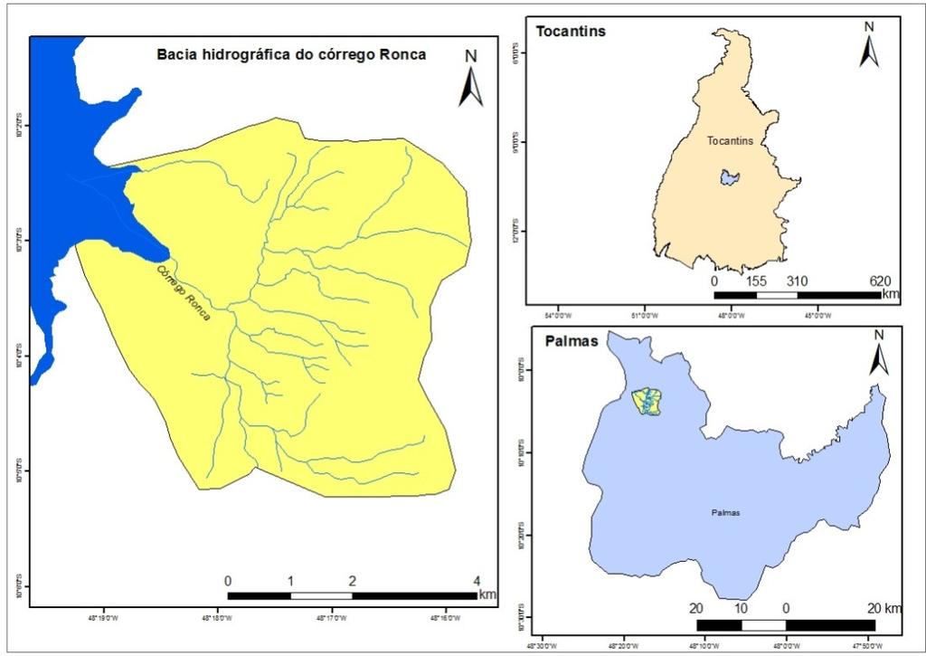 Figura 1: Localização da Bacia Hidrográfica do Córrego Ronca Palmas-TO Aplicaram-se técnicas de geoprocessamento e sensoriamento remoto na análise comparativa de aspectos físicos (drenagem e uso da