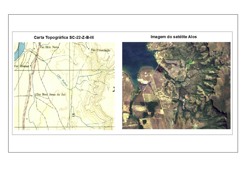 Figura 2: Carta topográfica e Imagem de satélite utilizada na pesquisa Tabela 1 Dados vetoriais utilizados na pesquisa Dados Vetoriais Ano Fonte Massa d'água 2013 SEPLAN Rodovias 2013 SEPLAN Unidades