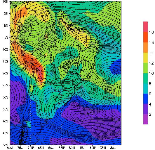 CPTEC) e (d) Linhas de corrente ao nível de 200 hpa média entre 12/12 às 00Z e 15/12 às 00Z (Reanálise NCEP/NCAR).